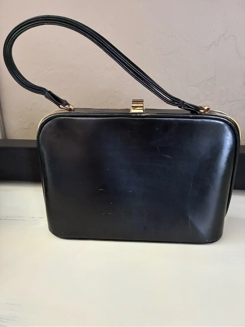 Vintage Black Genuine Leather Double Handle Frame Handbag | Made in England